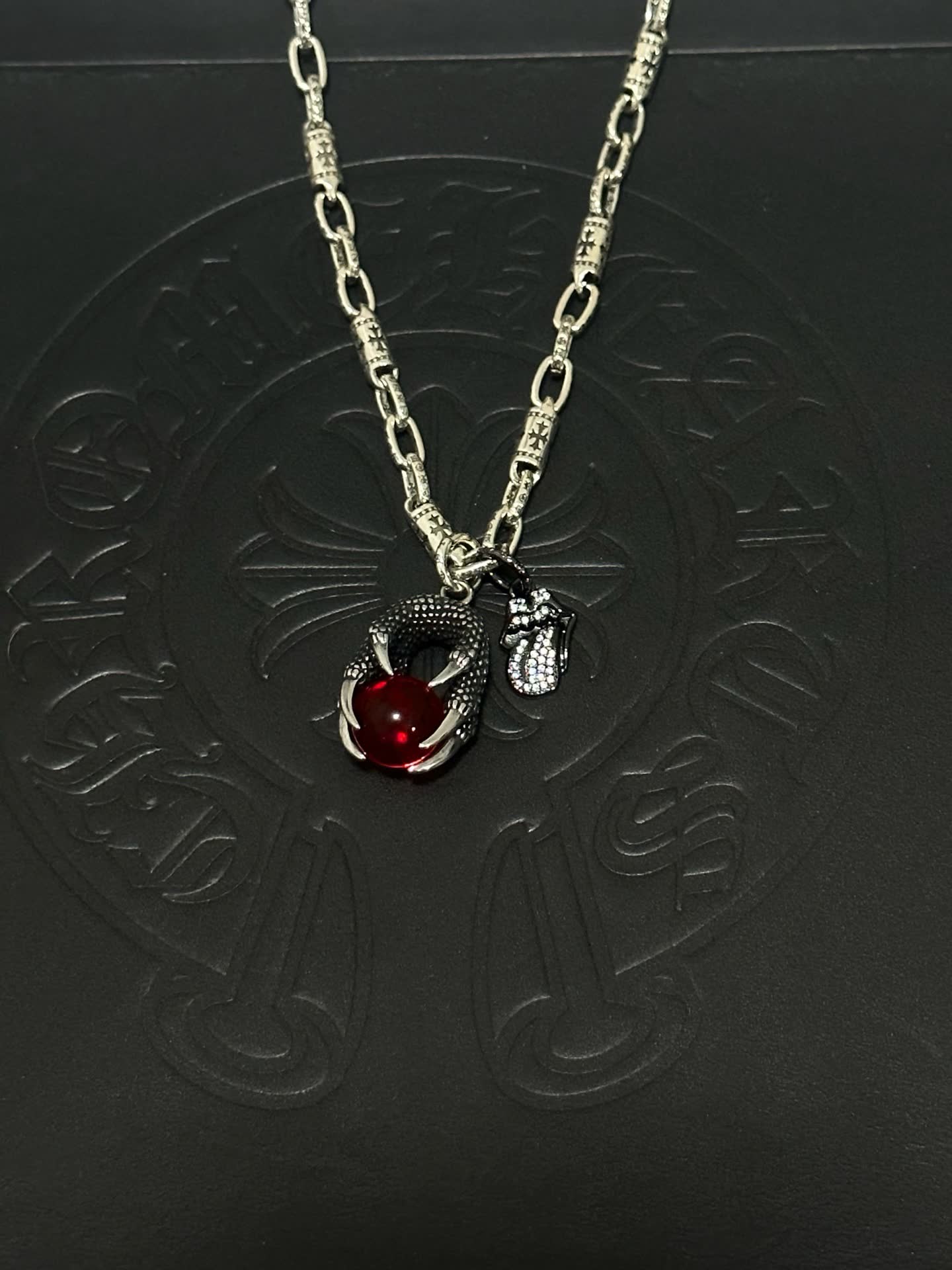 Chrome Hearts Silver Dragon Claw Necklace with Red Gemstone